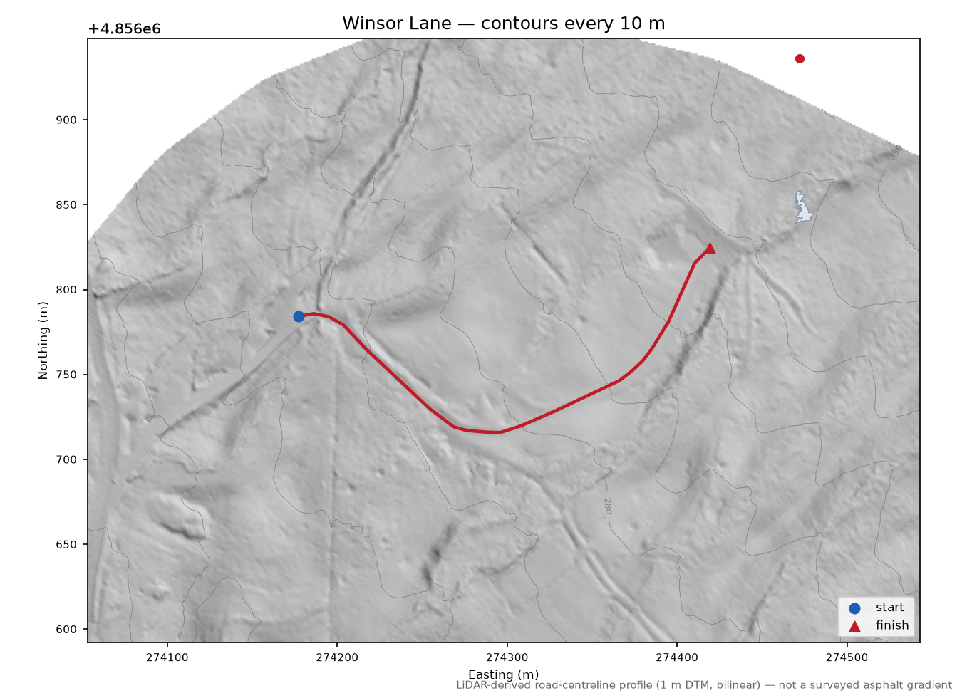 Winsor Lane LiDAR hillshade map with contours