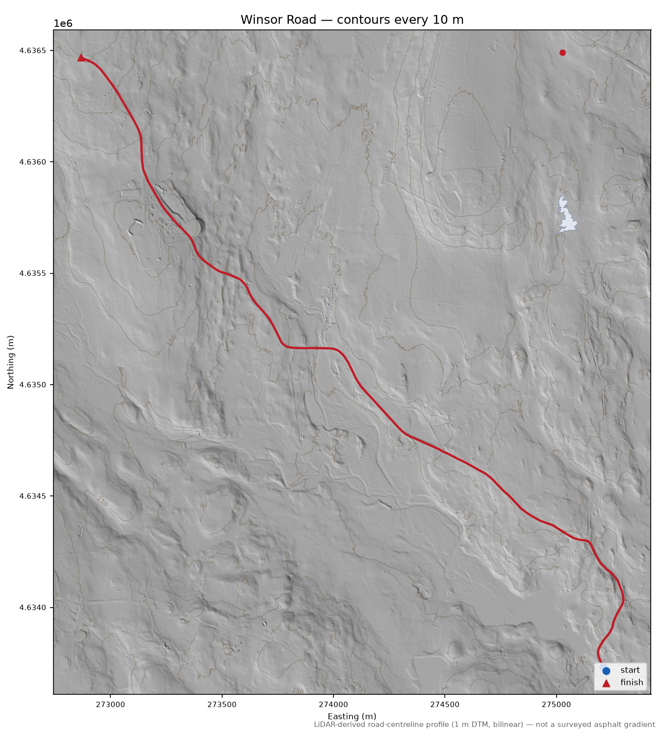 Winsor Road LiDAR hillshade map with contours