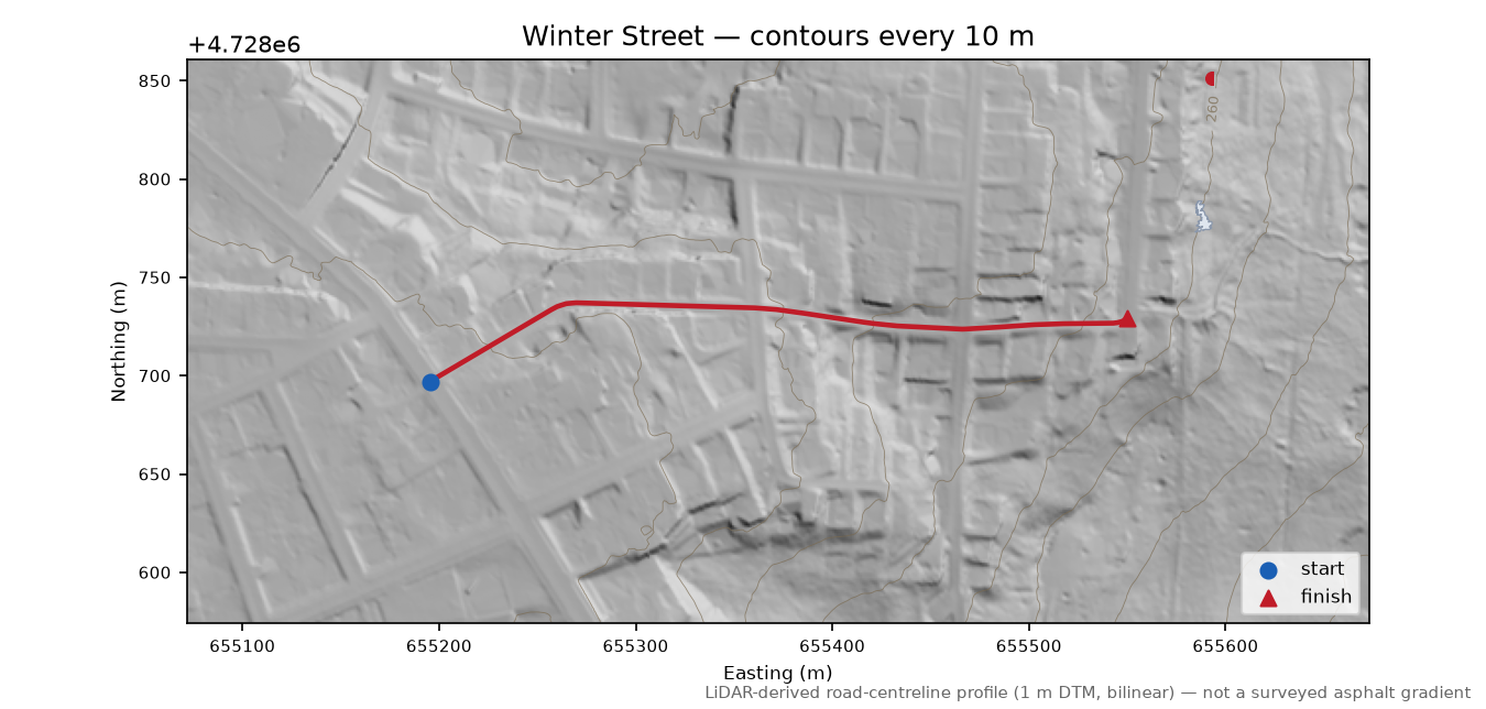 Winter Street LiDAR hillshade map with contours