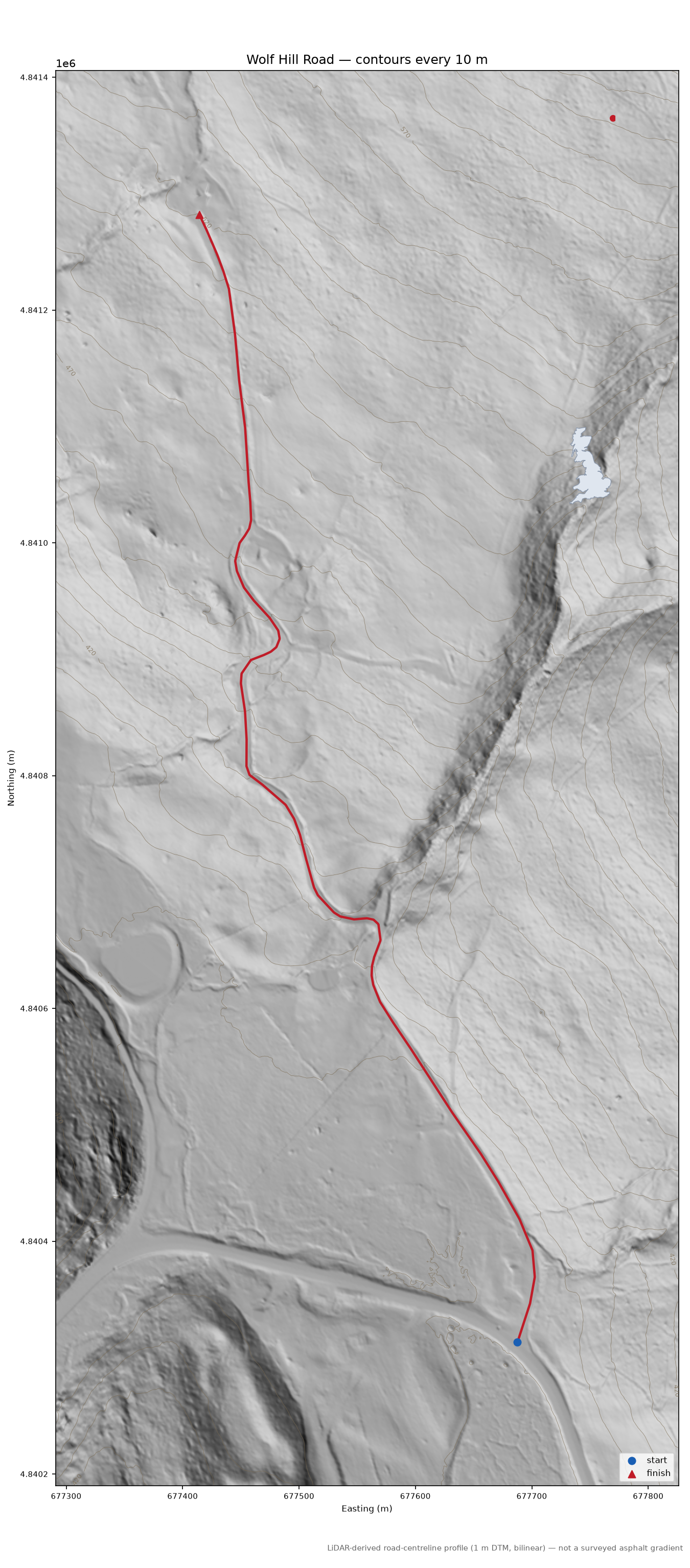 Wolf Hill Road LiDAR hillshade map with contours