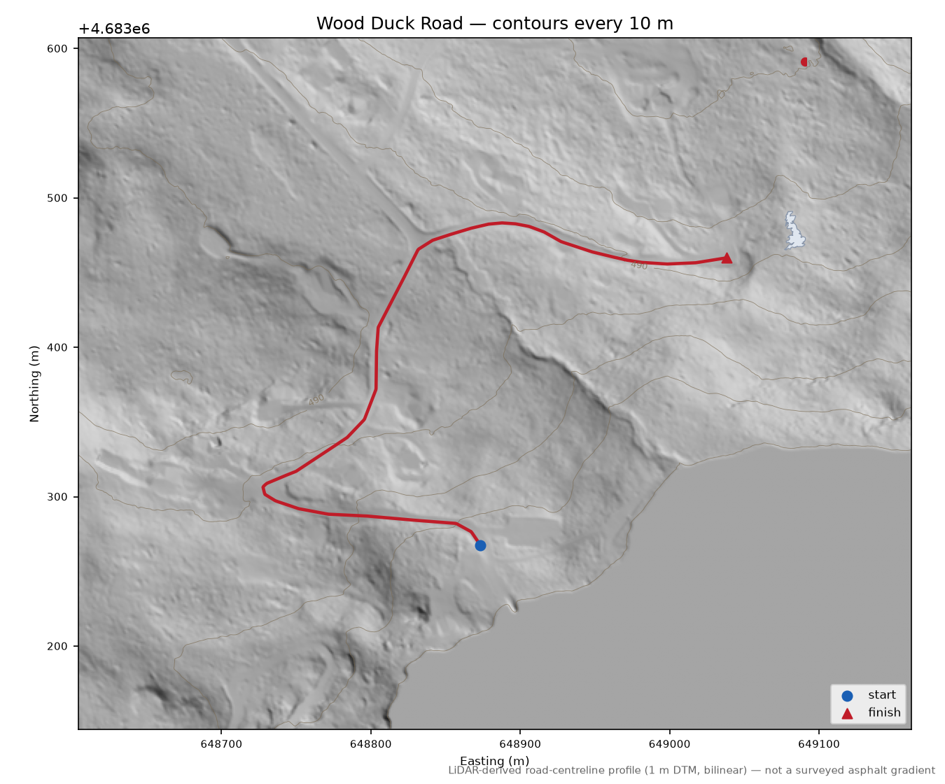 Wood Duck Road LiDAR hillshade map with contours
