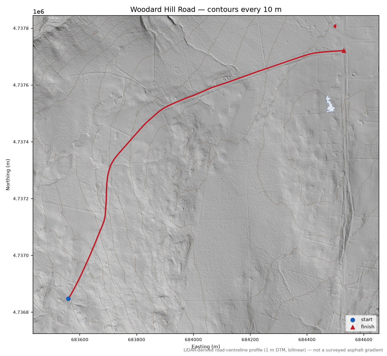 Woodard Hill Road LiDAR hillshade map with contours