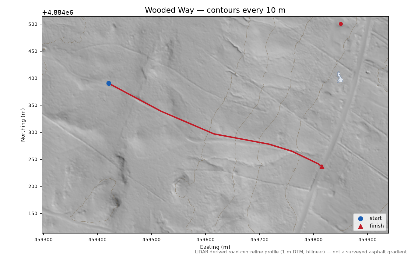 Wooded Way LiDAR hillshade map with contours