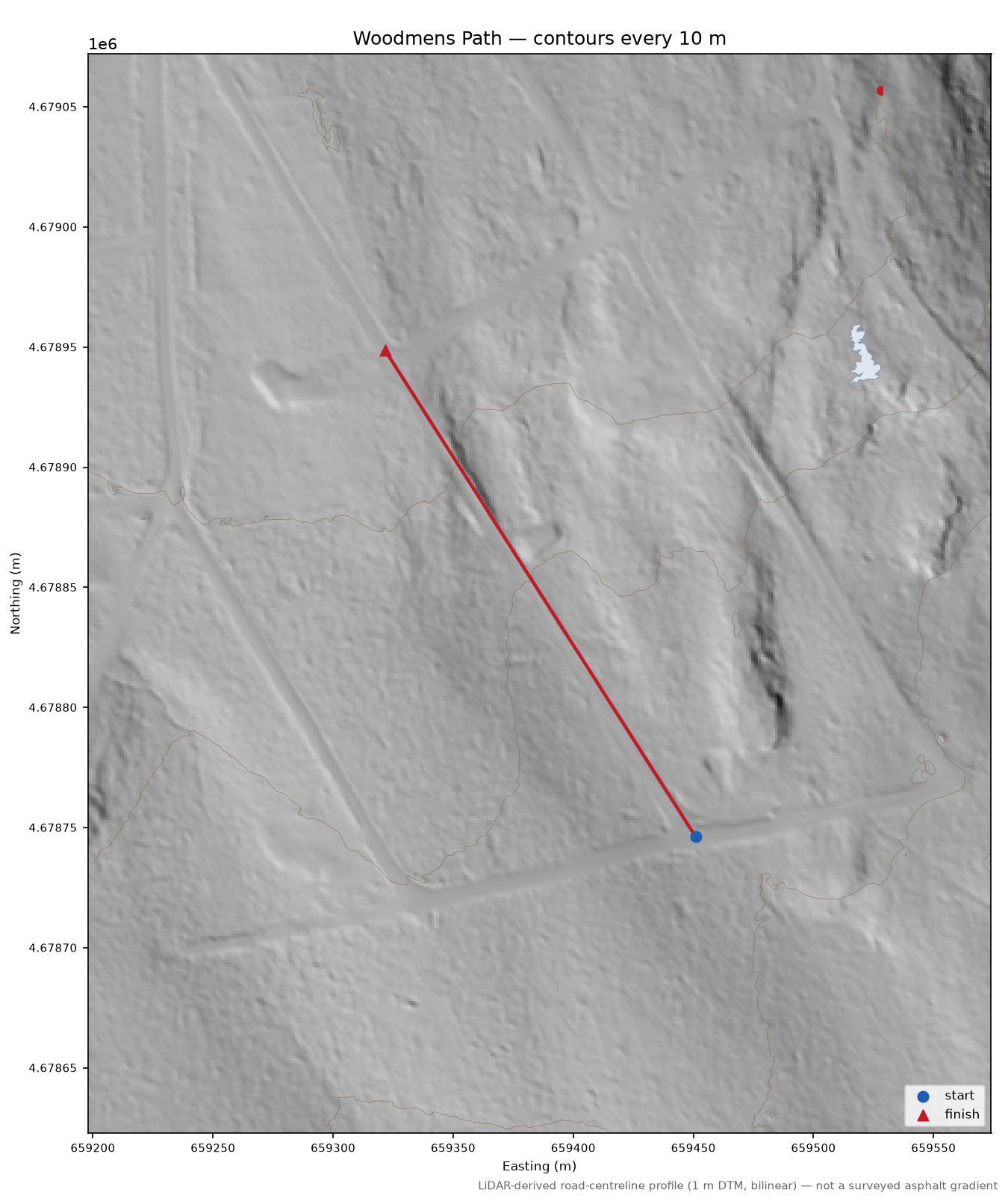 Woodmens Path LiDAR hillshade map with contours