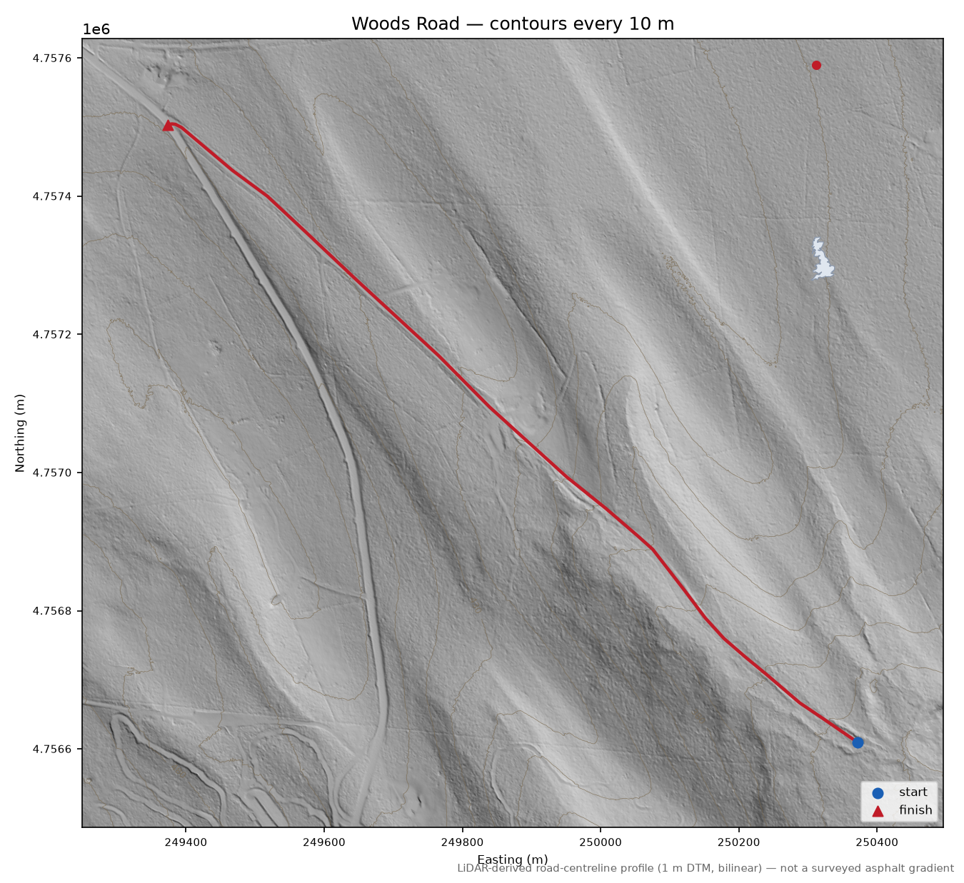 Woods Road LiDAR hillshade map with contours