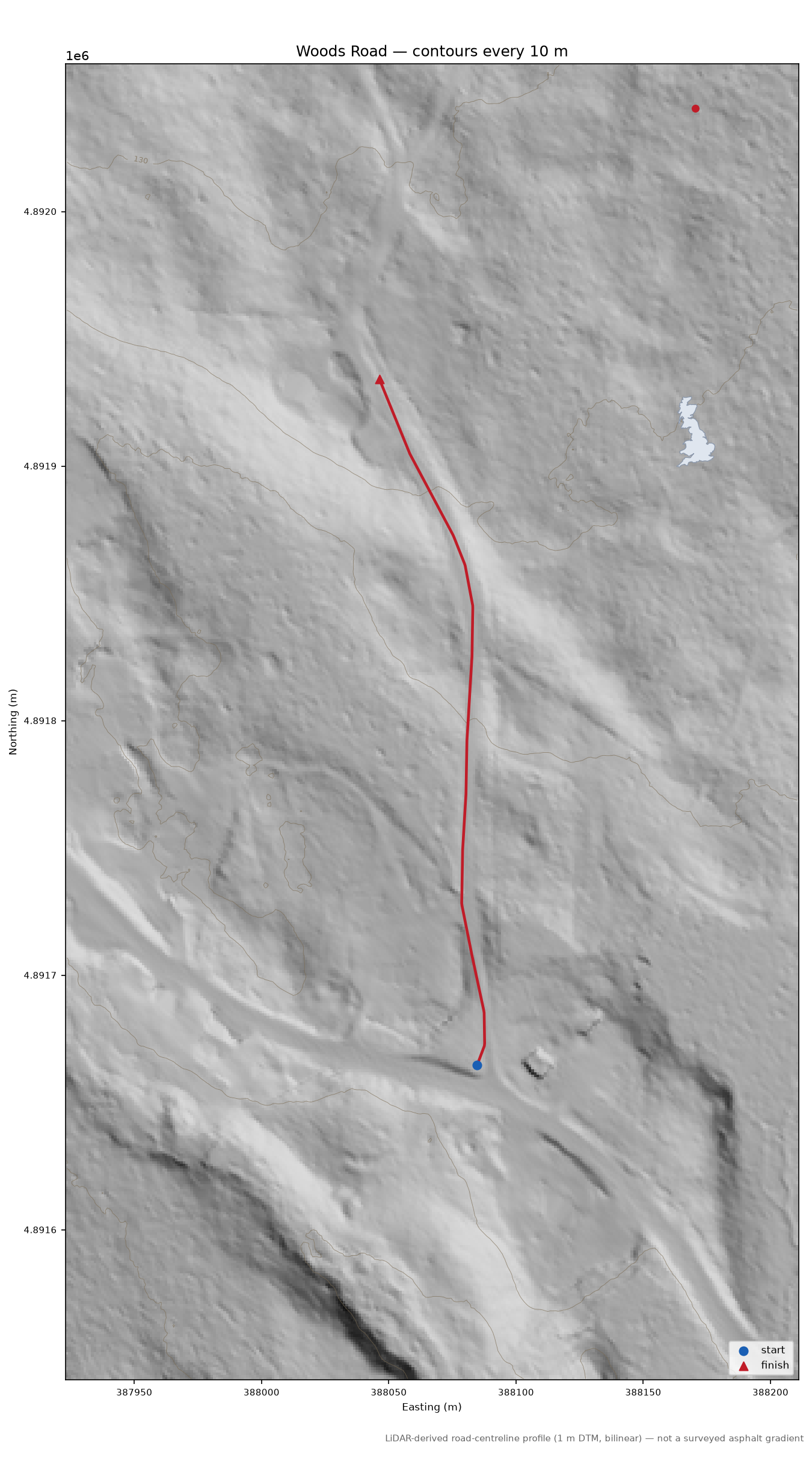 Woods Road LiDAR hillshade map with contours