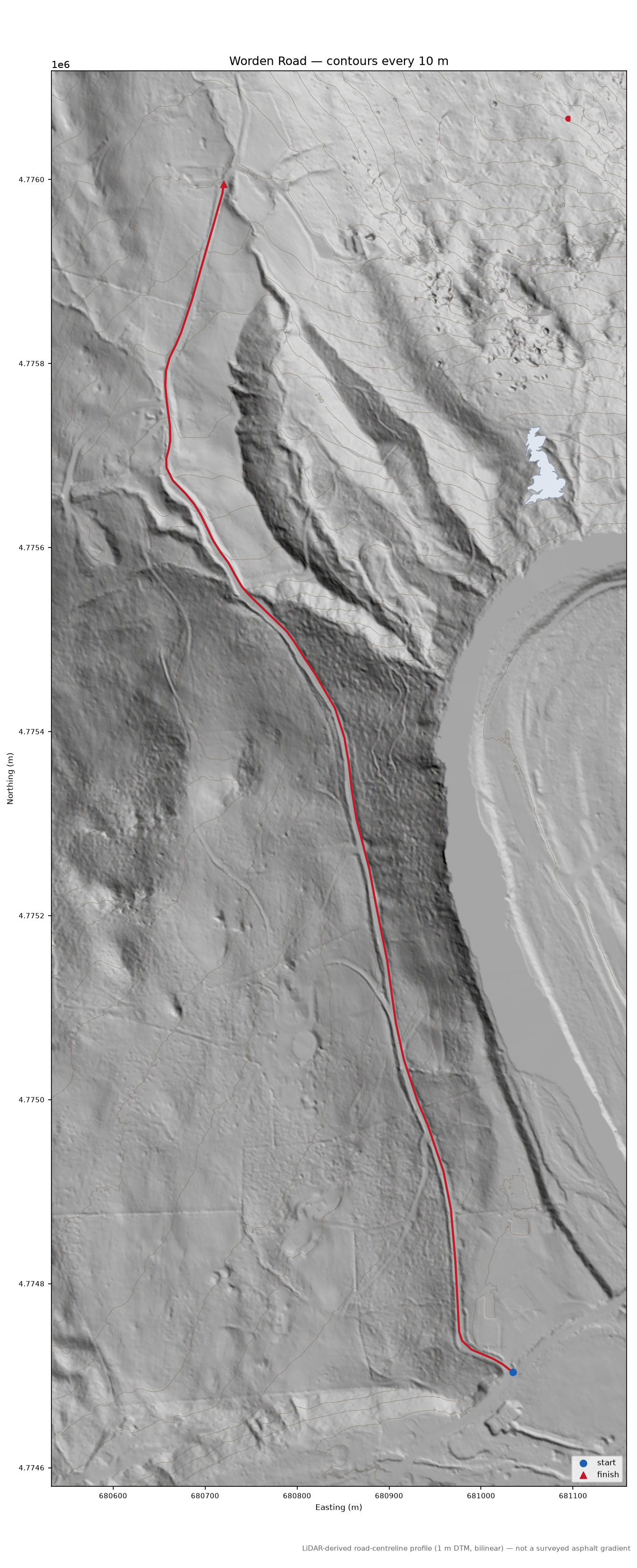 Worden Road LiDAR hillshade map with contours