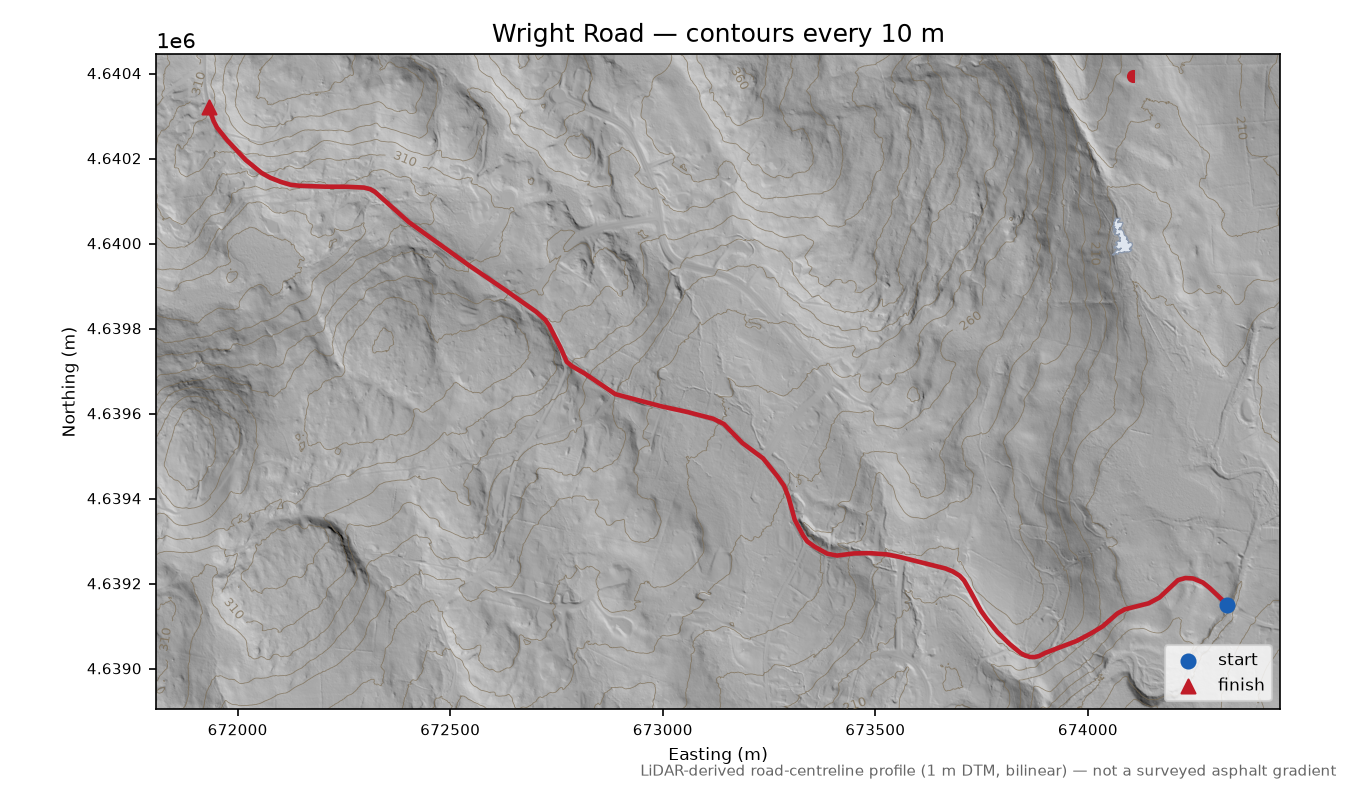 Wright Road LiDAR hillshade map with contours