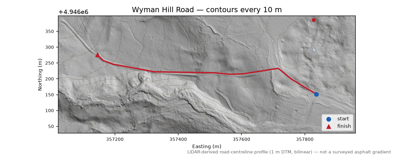 Wyman Hill Road LiDAR hillshade map with contours
