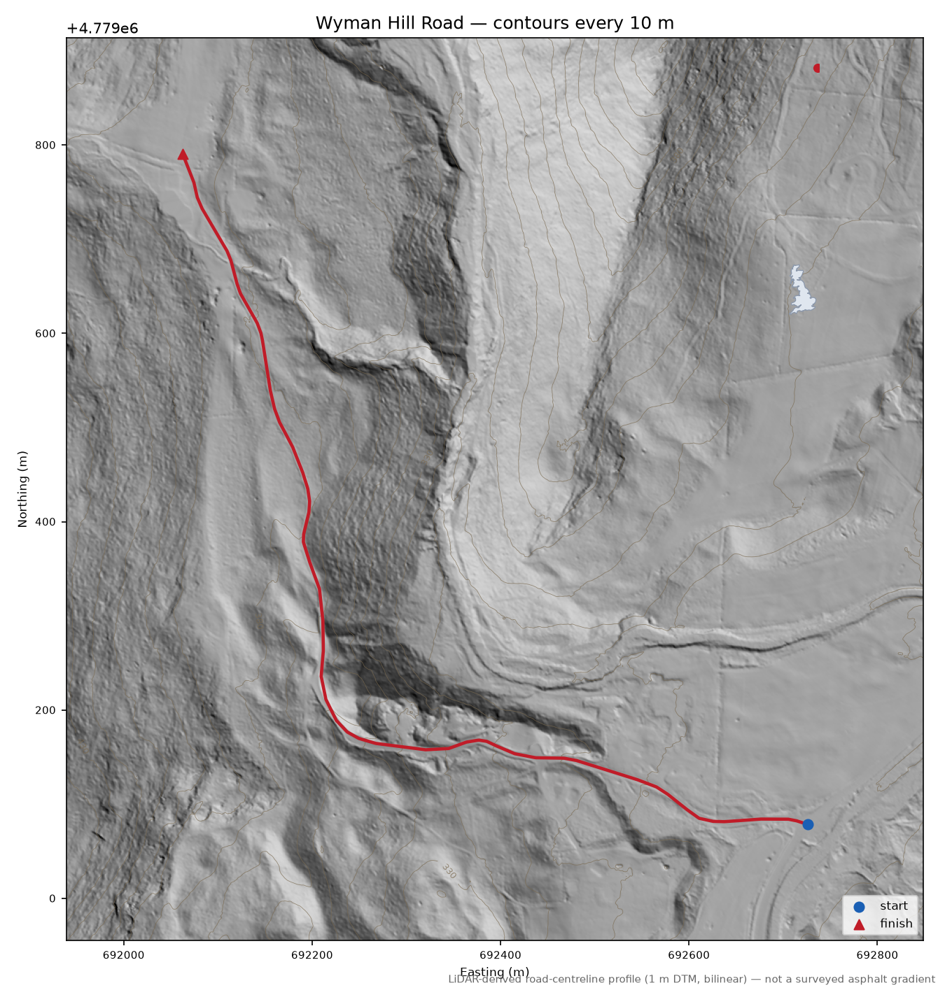 Wyman Hill Road LiDAR hillshade map with contours