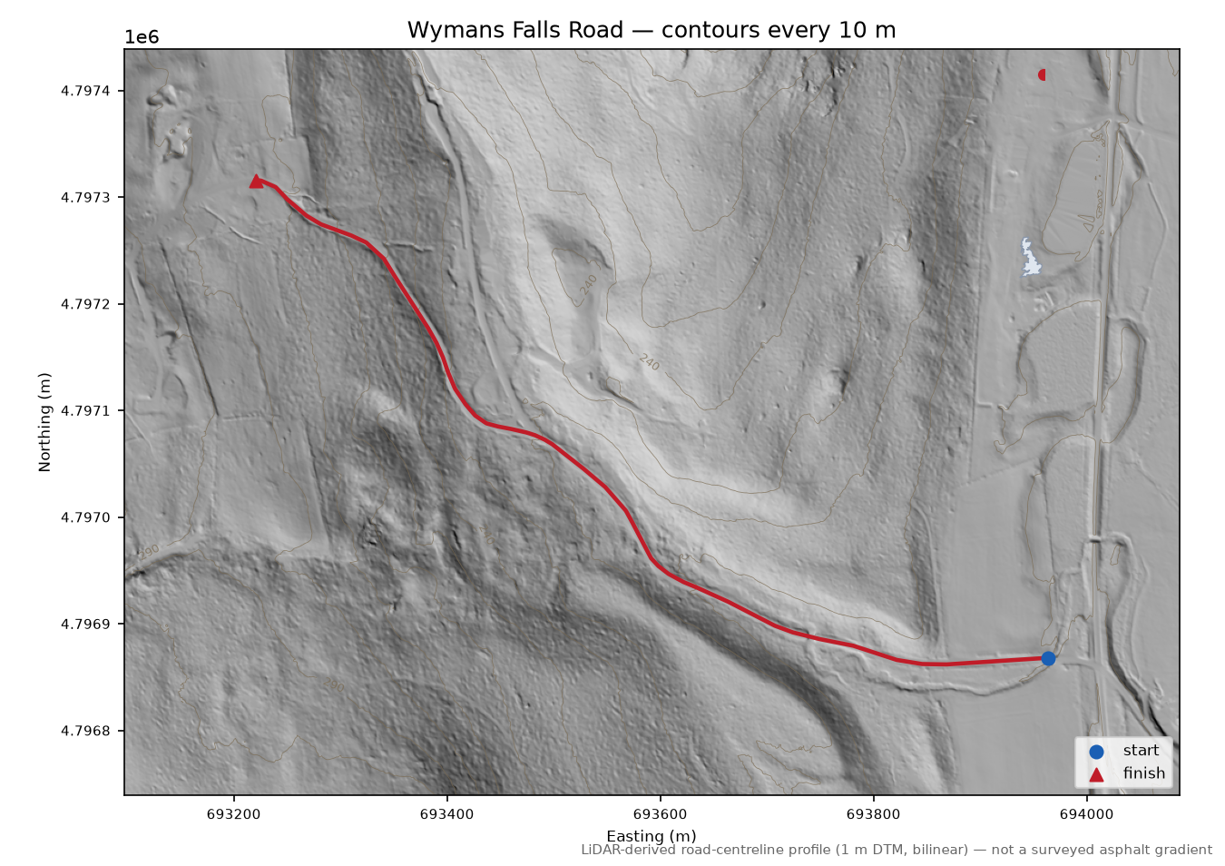 Wymans Falls Road LiDAR hillshade map with contours