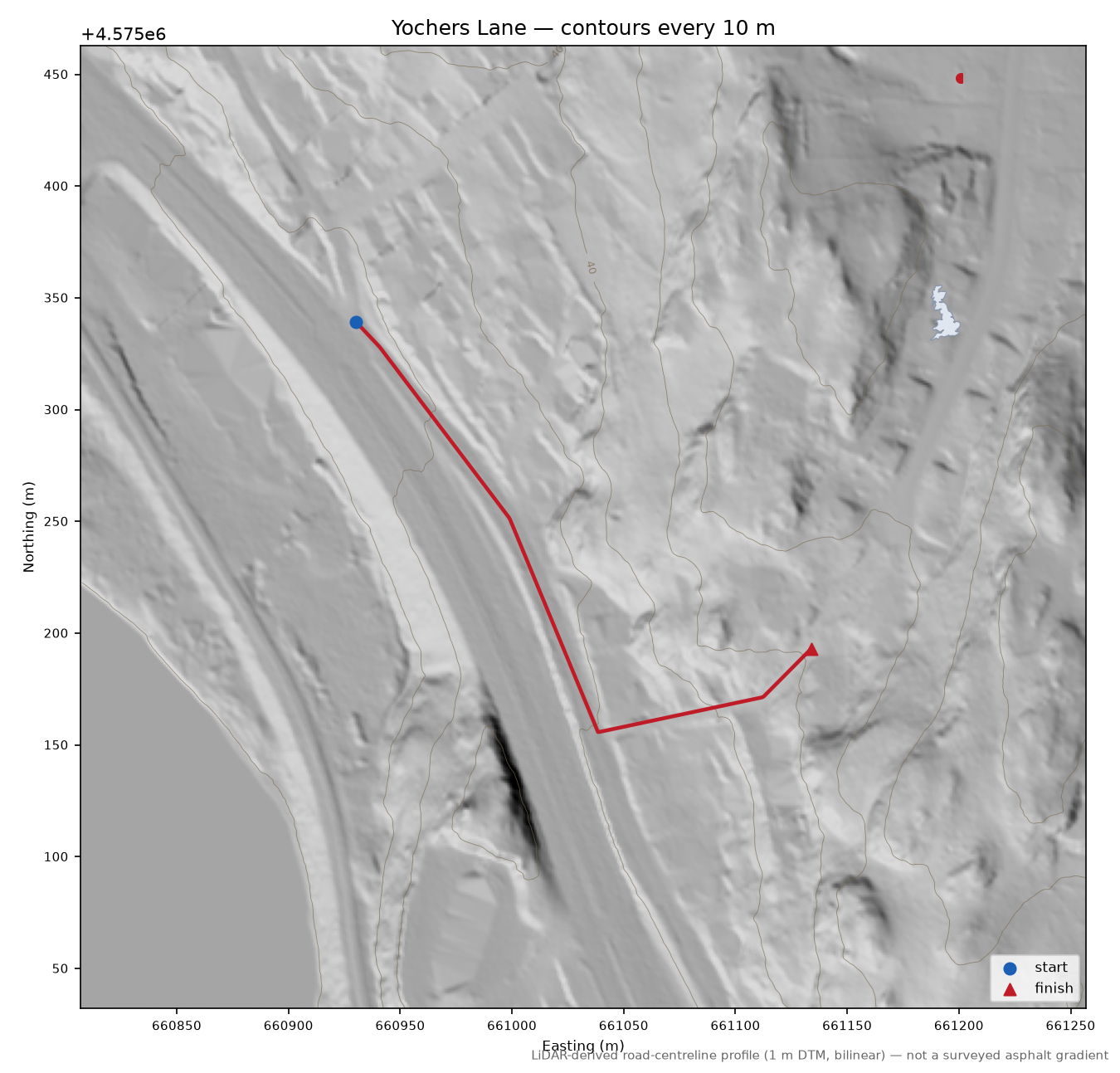 Yochers Lane LiDAR hillshade map with contours