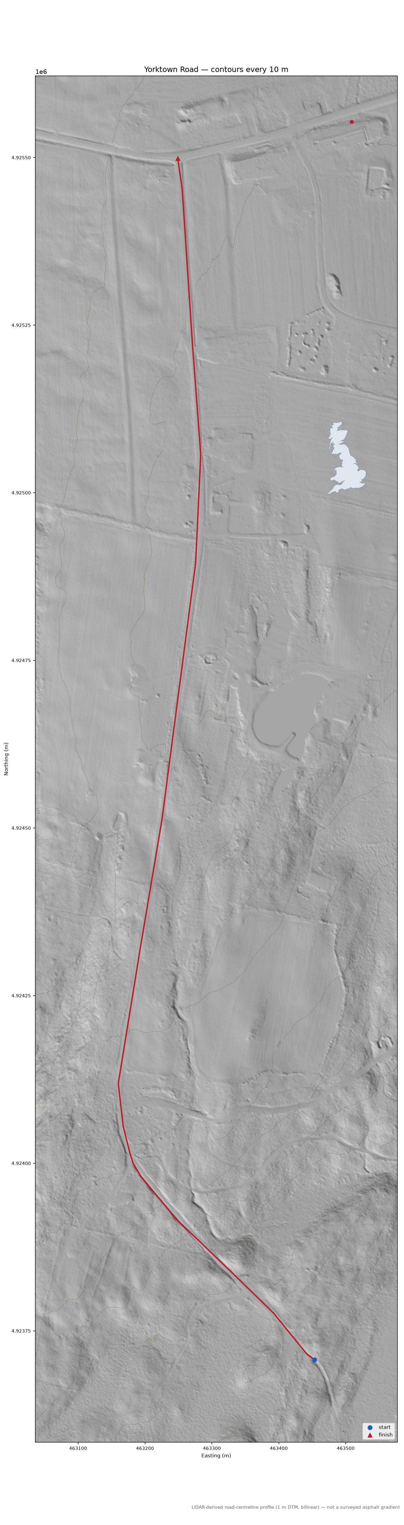 Yorktown Road LiDAR hillshade map with contours