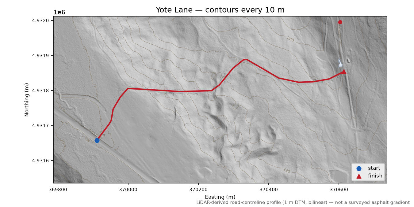 Yote Lane LiDAR hillshade map with contours